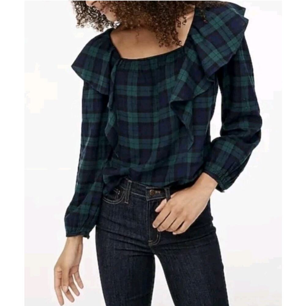 J. Crew Blackwatch Blue Green Flannel Squareneck Ruffle Top Size Medium Petite